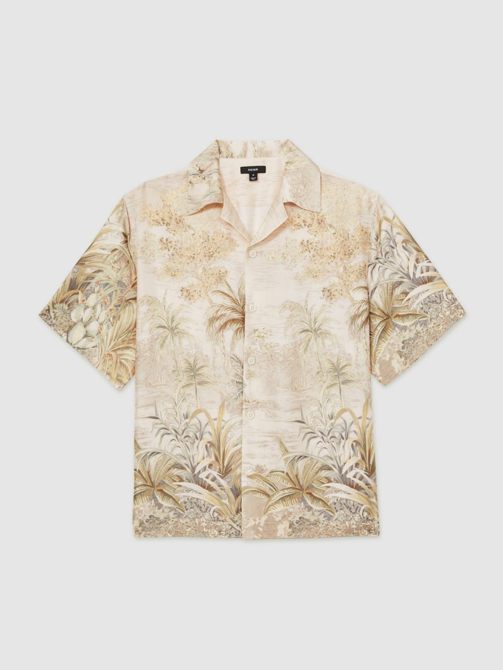 Men Jungle Print Cuban-Collar Shirt in Soft Sage Green