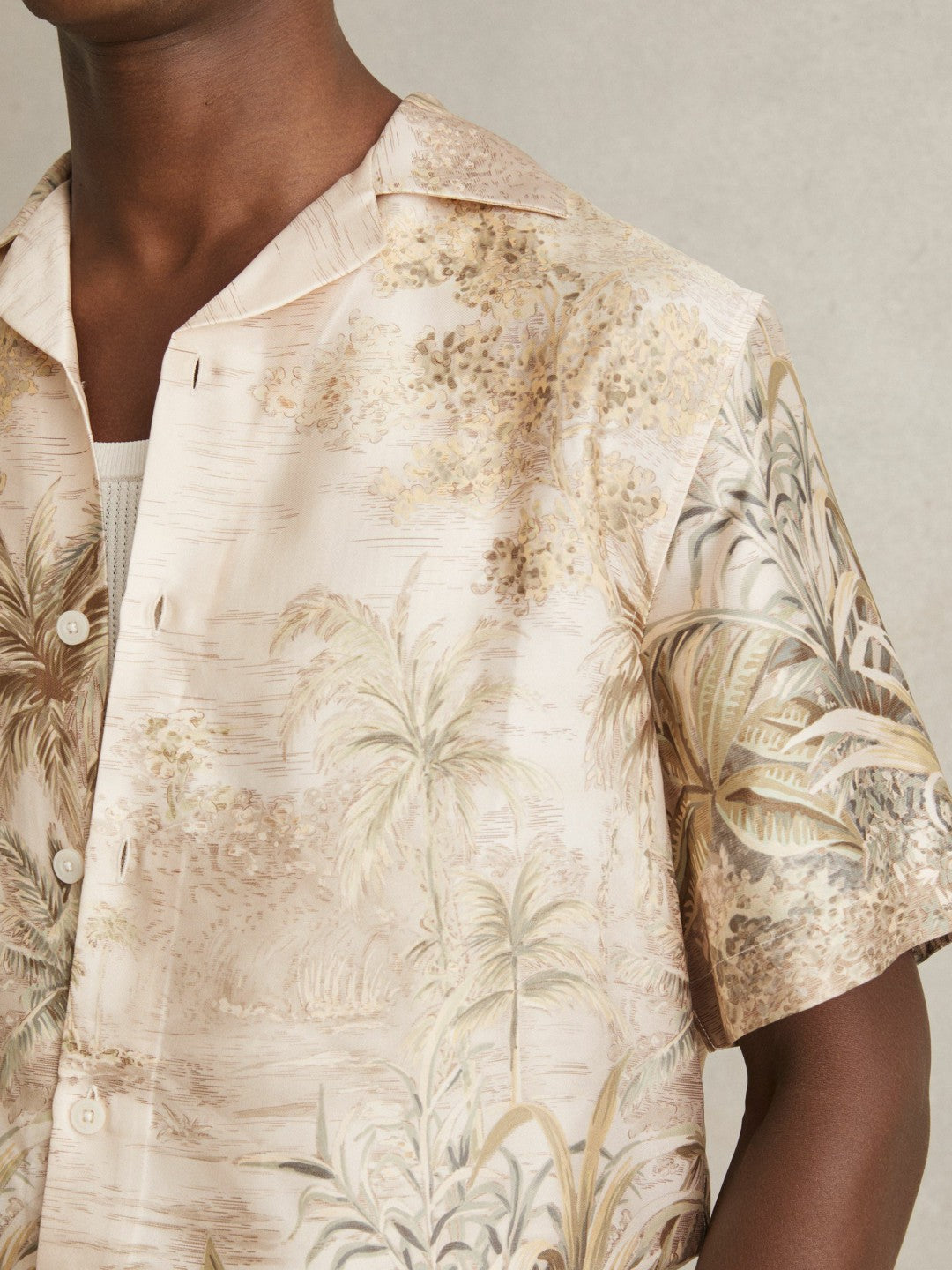 Men Jungle Print Cuban-Collar Shirt in Soft Sage Green