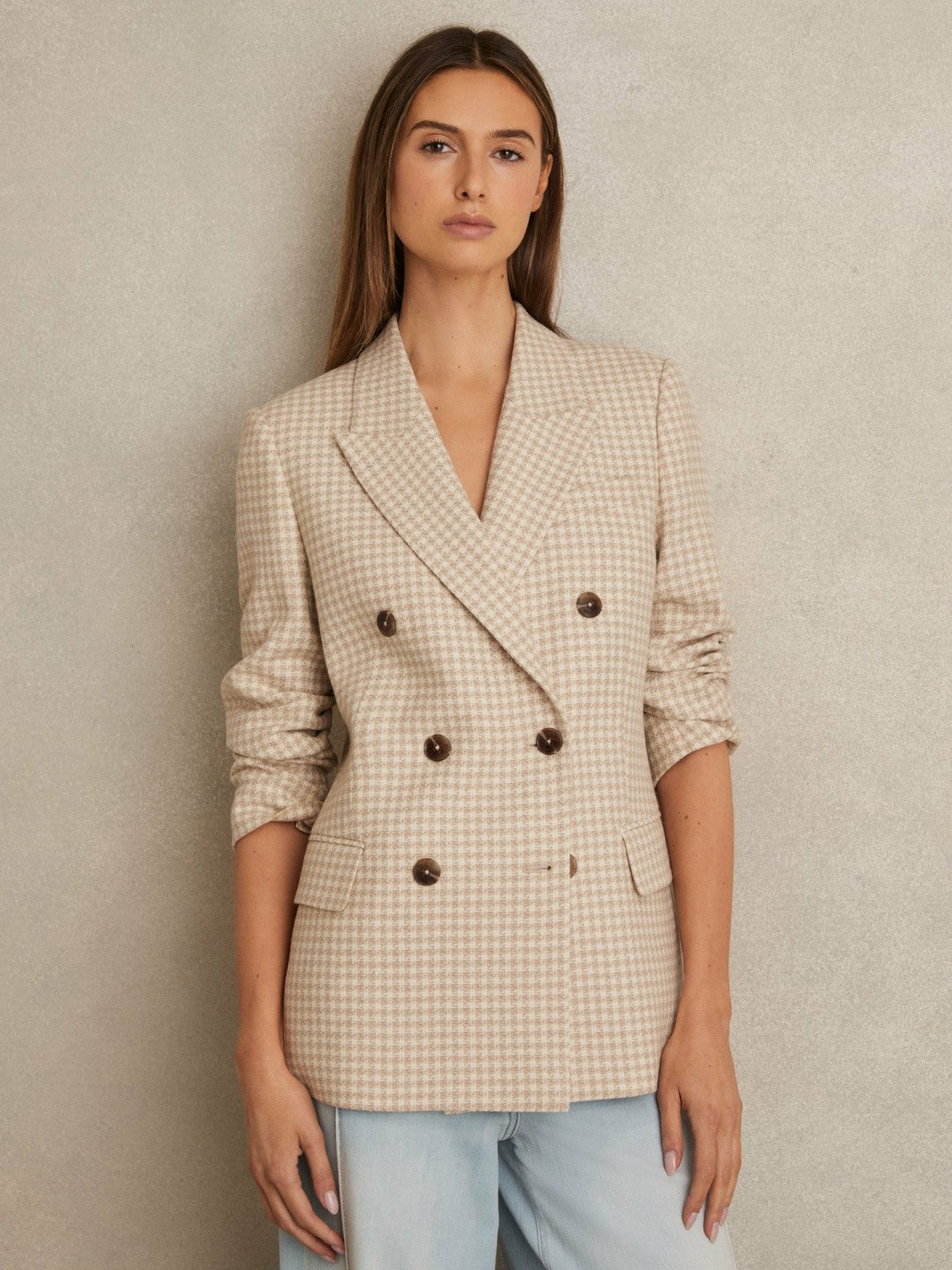 Women Petite Double Breasted Check Blazer With Wool in Neutral Check