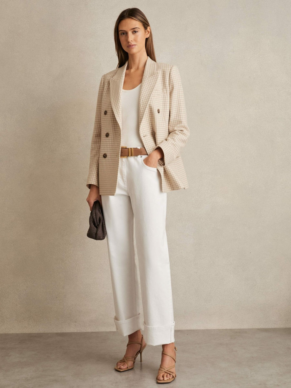 Women Petite Double Breasted Check Blazer With Wool in Neutral Check