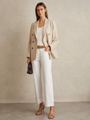 Women Petite Double Breasted Check Blazer With Wool in Neutral Check