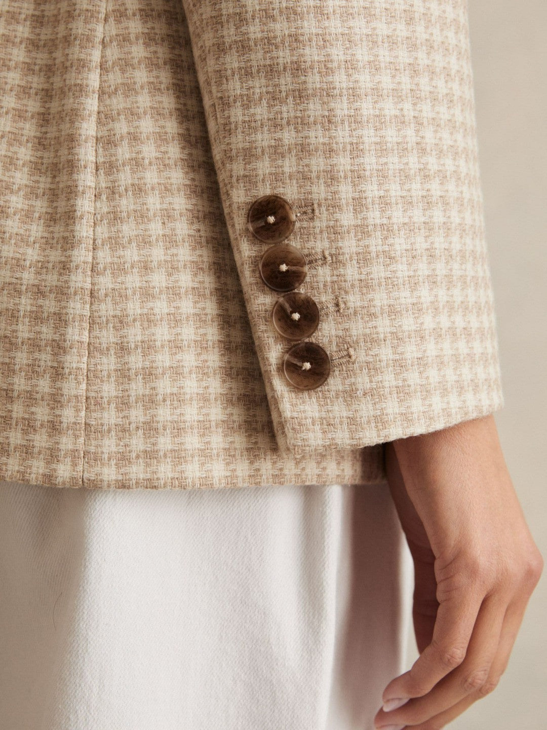 Women Petite Double Breasted Check Blazer With Wool in Neutral Check