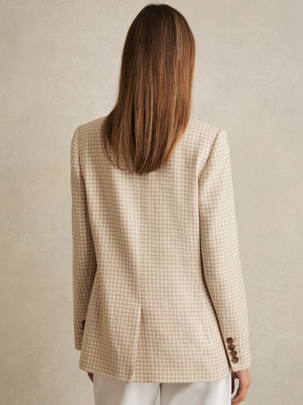 Women Petite Double Breasted Check Blazer With Wool in Neutral Check