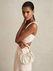 Women Leather Bead-Handle Pouch Bag in Off White