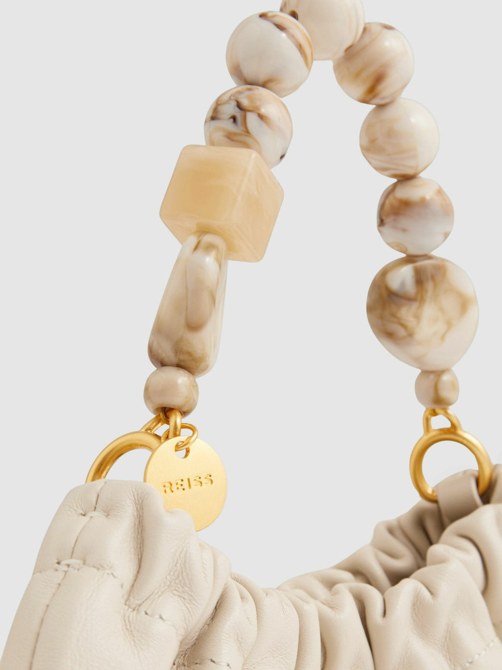 Women Leather Bead-Handle Pouch Bag in Off White