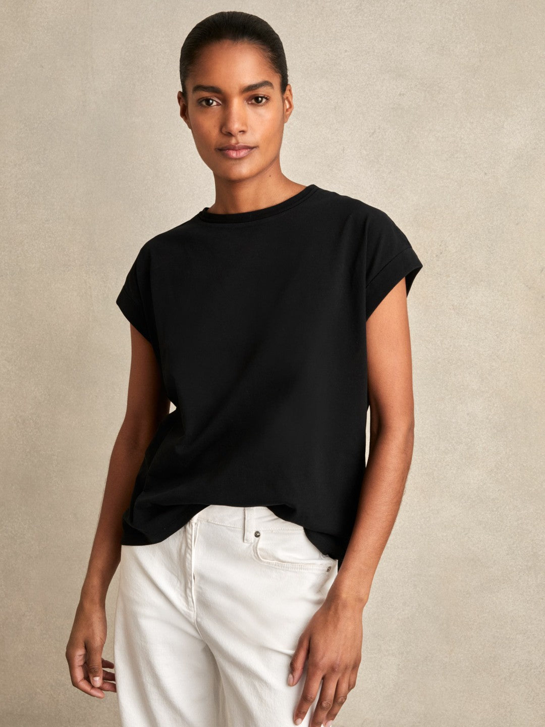 Women Brushed-Cotton Crew-Neck T-Shirt in Black
