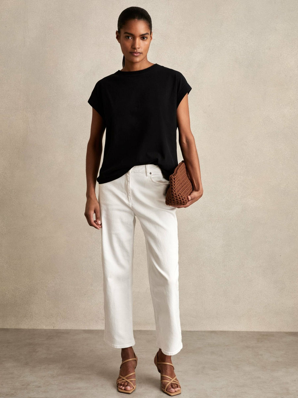 Women Brushed-Cotton Crew-Neck T-Shirt in Black