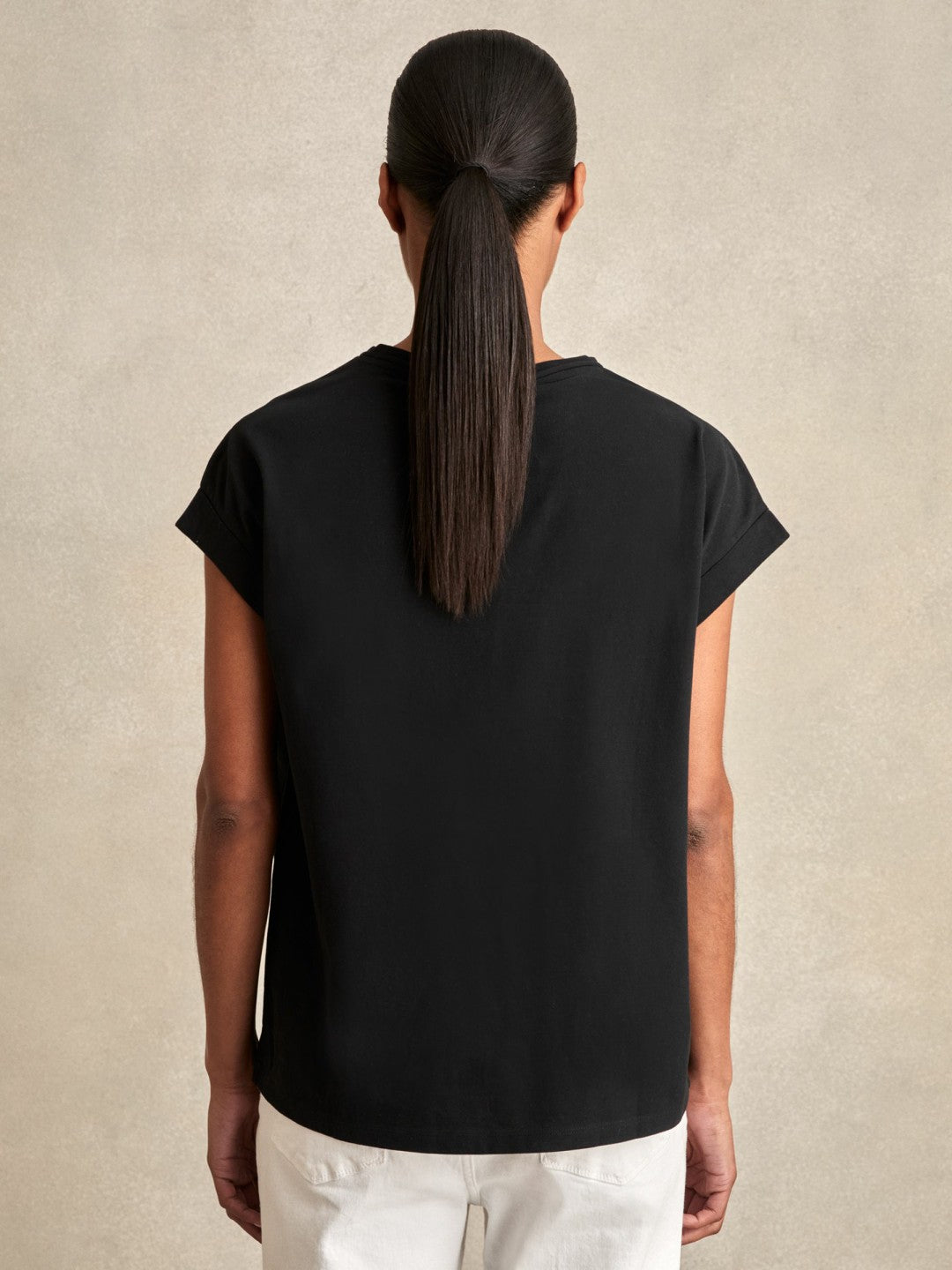Women Brushed-Cotton Crew-Neck T-Shirt in Black