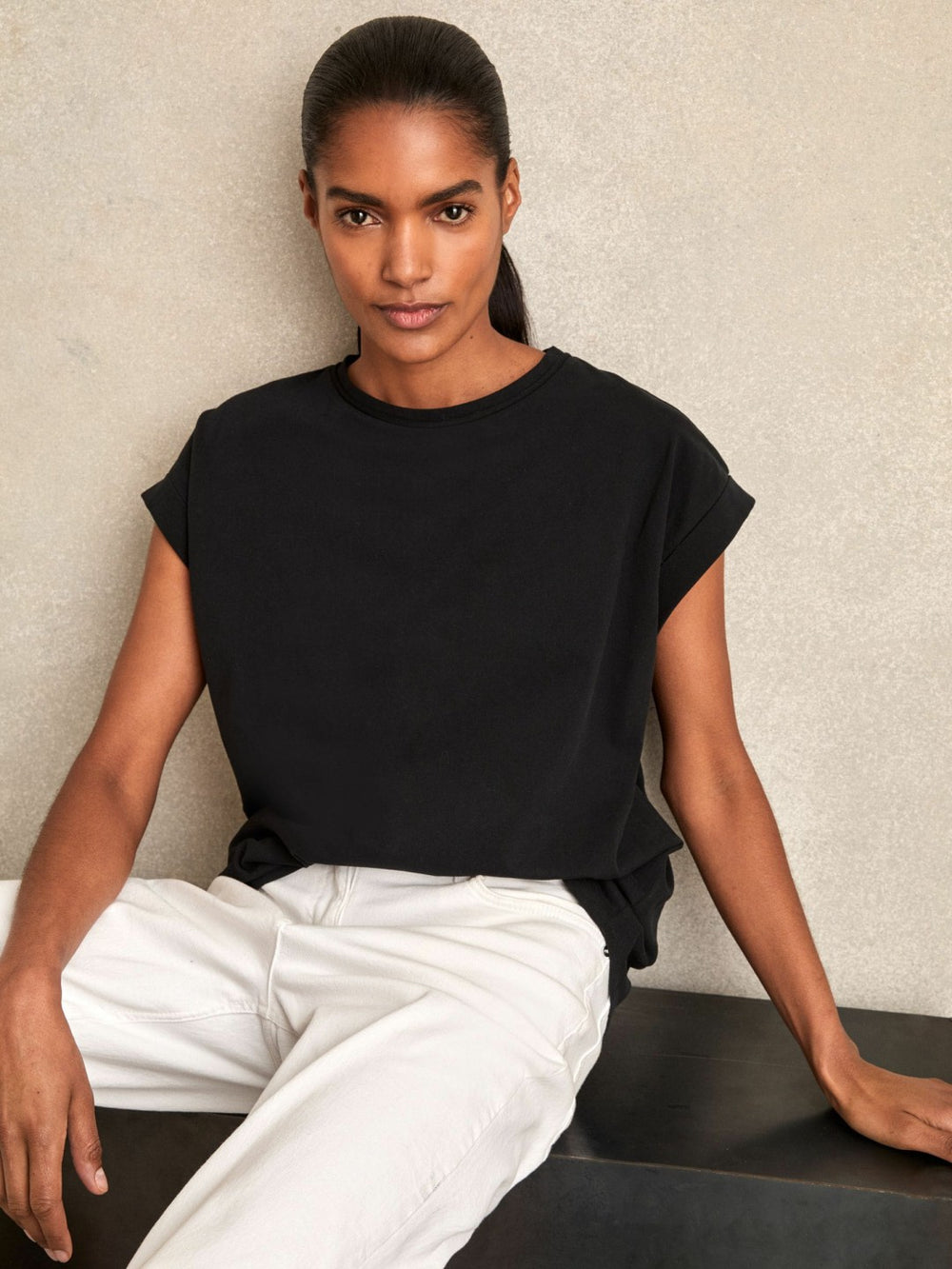 Women Brushed-Cotton Crew-Neck T-Shirt in Black