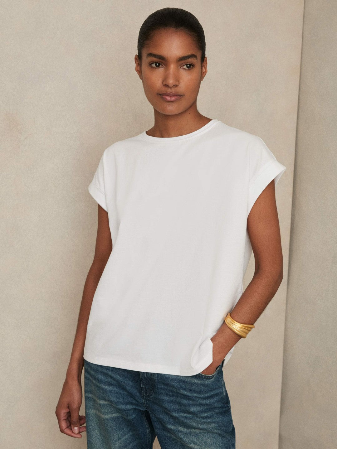 Women Brushed-Cotton Crew-Neck T-Shirt in White