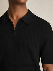 Men Textured Half-Zip Polo Shirt in Black