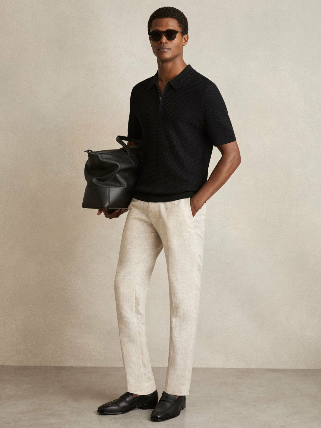 Men Textured Half-Zip Polo Shirt in Black