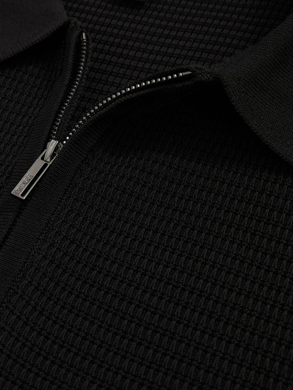 Men Textured Half-Zip Polo Shirt in Black