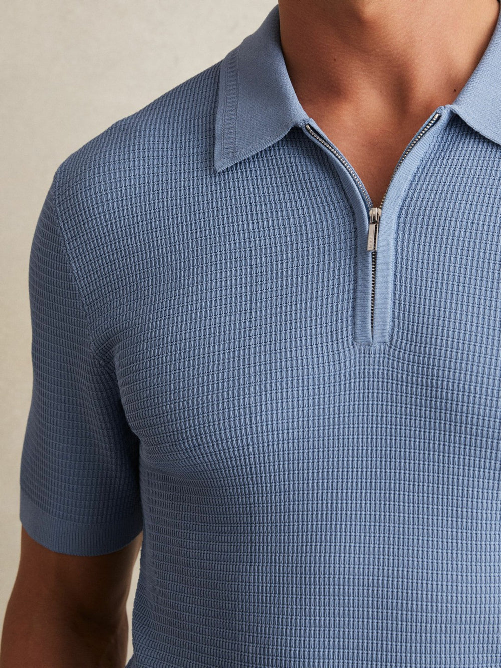 Men Textured Half-Zip Polo Shirt in Blue