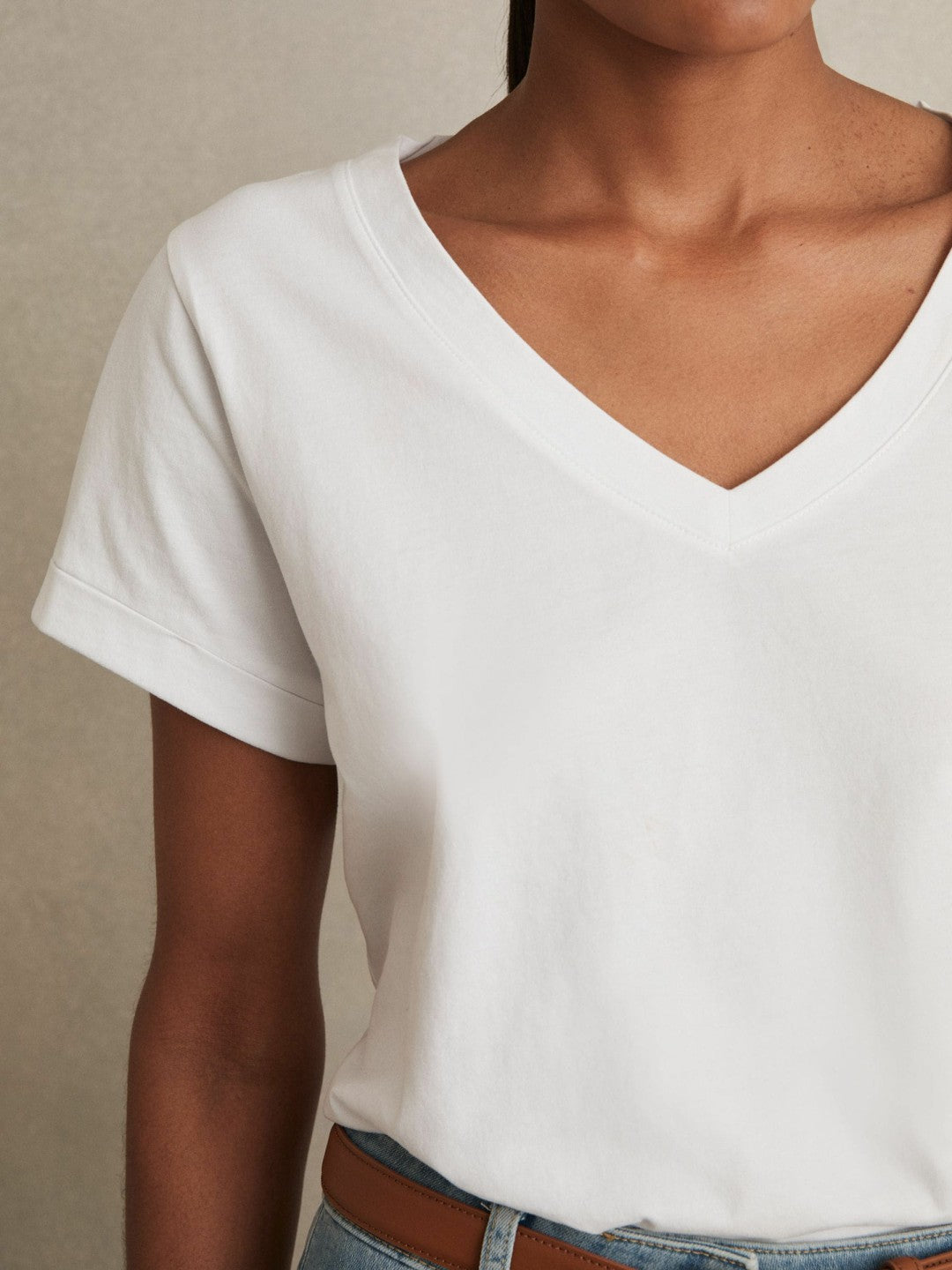 Women Brushed-Cotton V-Neck T-Shirt in White