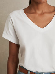Women Brushed-Cotton V-Neck T-Shirt in White