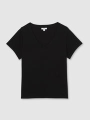 Women Brushed-Cotton V-Neck T-Shirt in Black