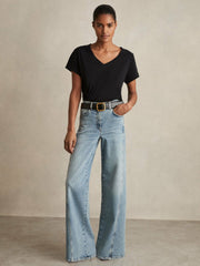 Women Brushed-Cotton V-Neck T-Shirt in Black