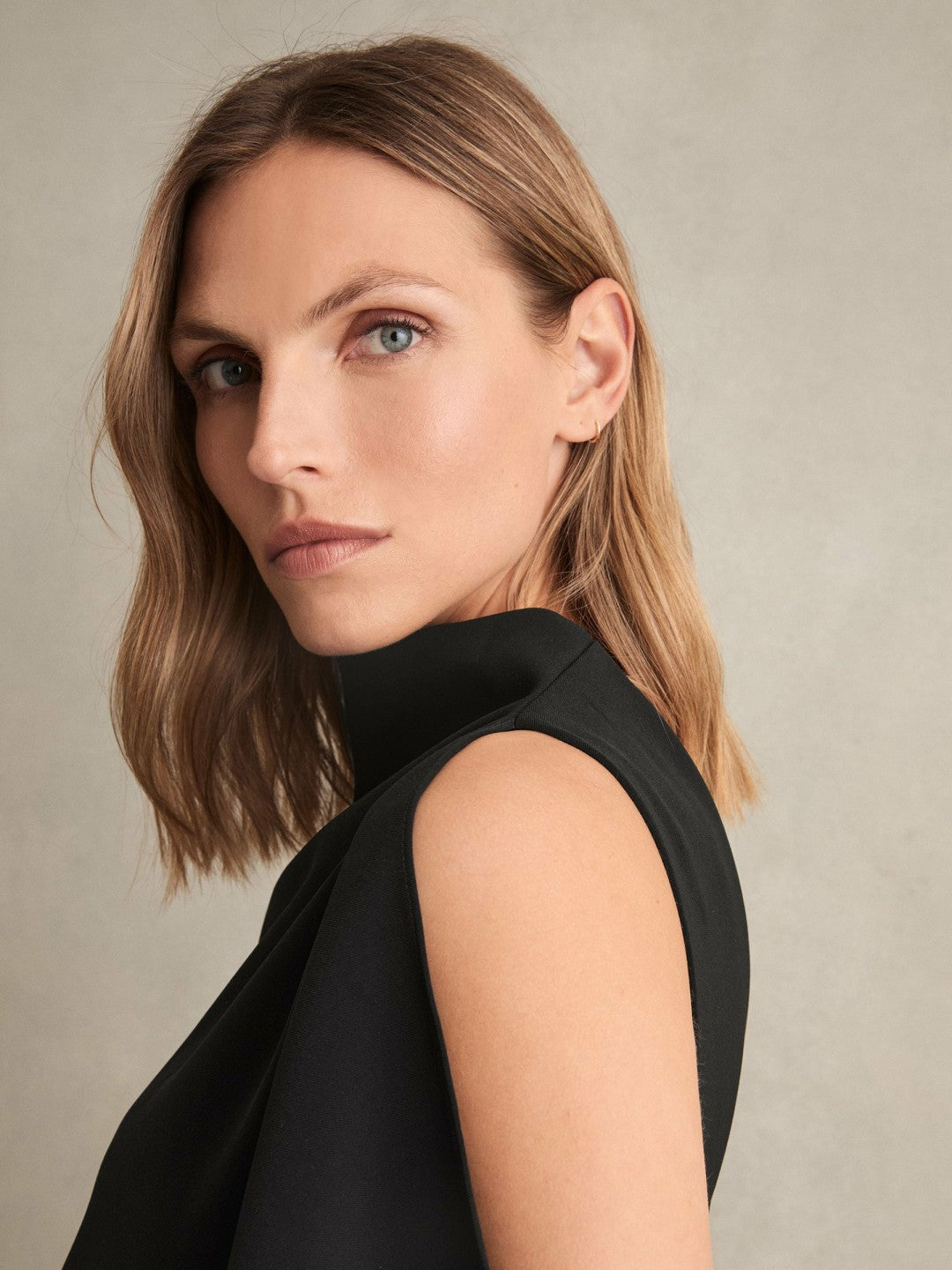 Women Draped-Front High-Neck Midi Dress in Black
