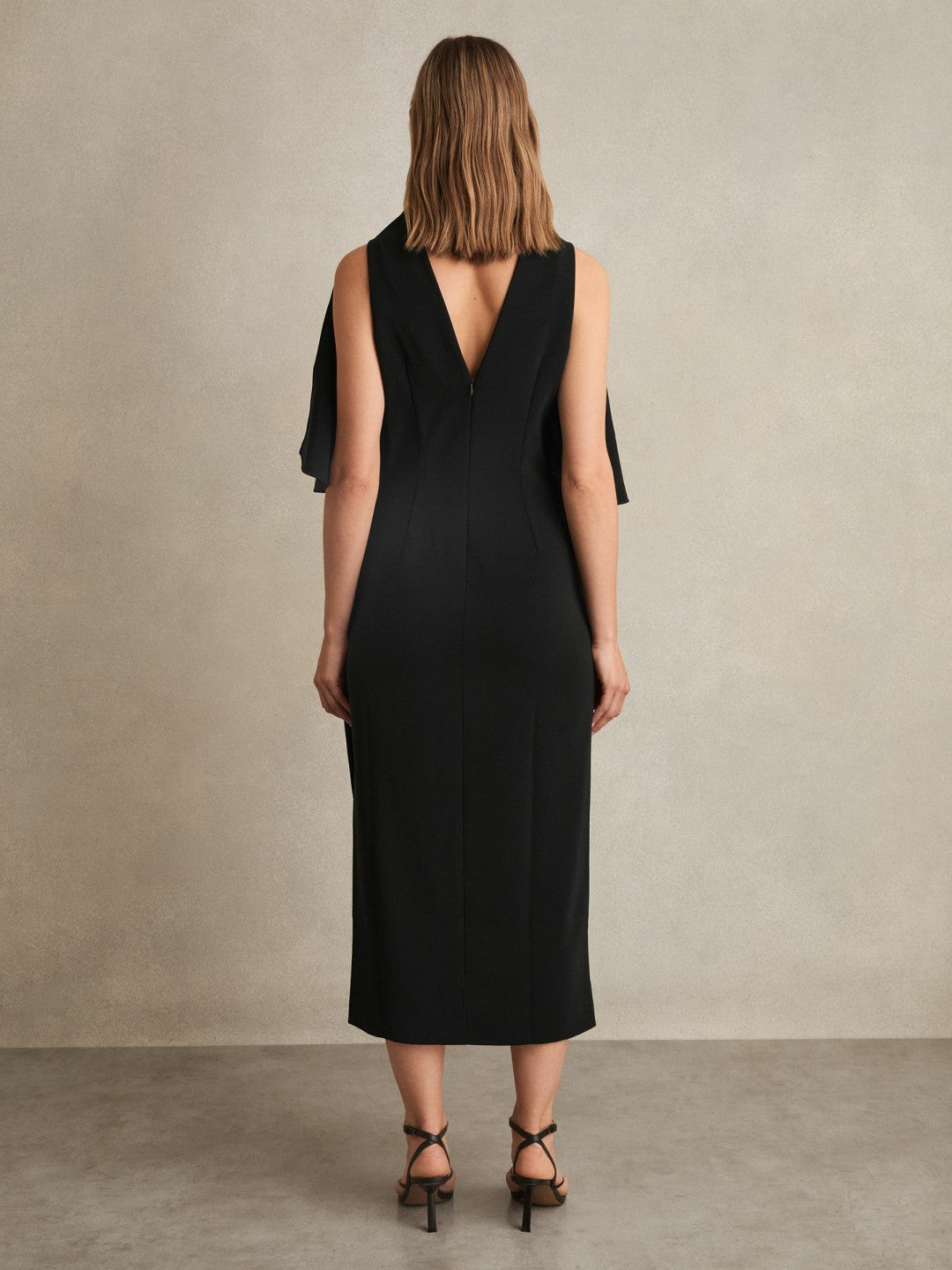 Women Draped-Front High-Neck Midi Dress in Black