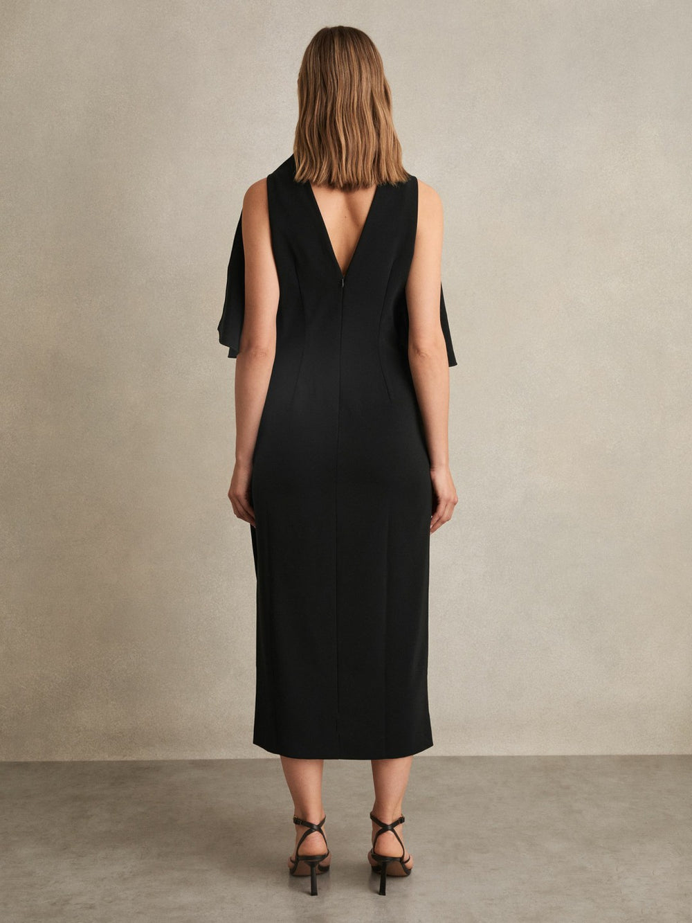 Women Draped-Front High-Neck Midi Dress in Black