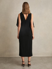 Women Draped-Front High-Neck Midi Dress in Black