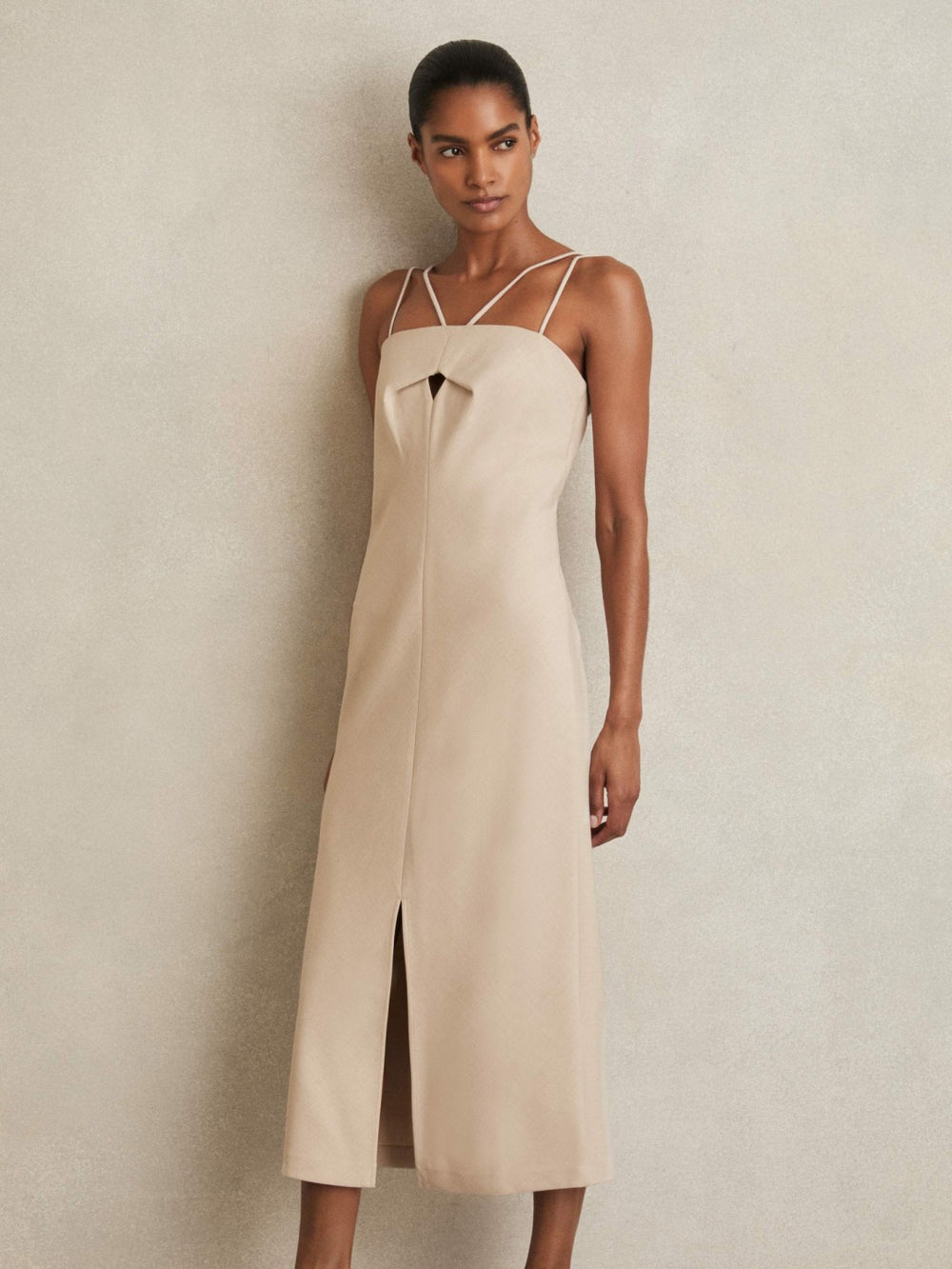 Women Double Strap Cut Out Midi Dress in Stone Neutral
