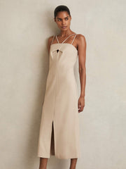 Women Double Strap Cut Out Midi Dress in Stone Neutral