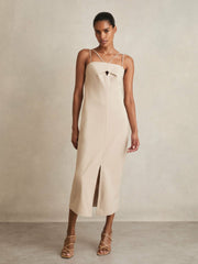 Women Double Strap Cut Out Midi Dress in Stone Neutral