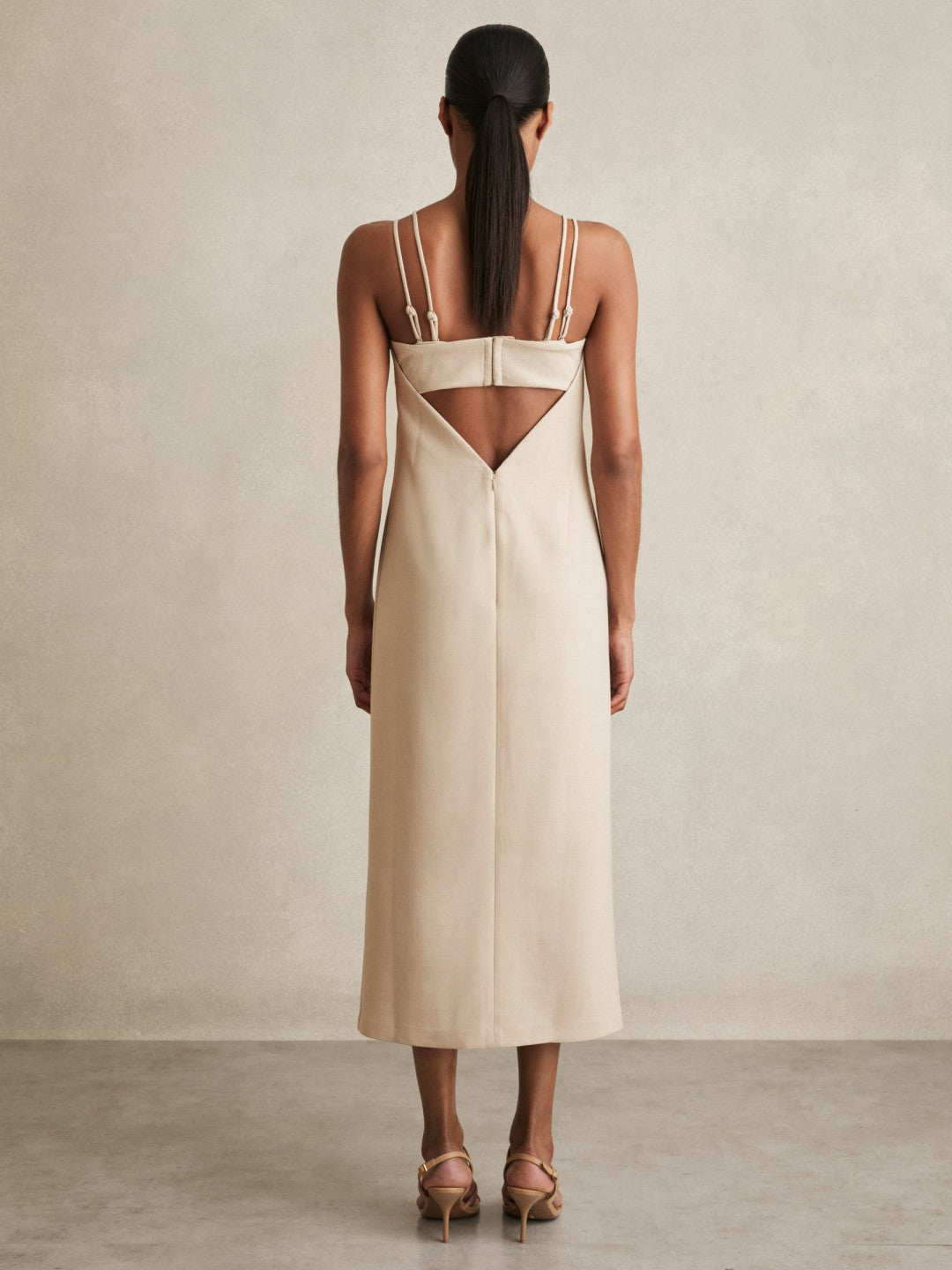 Women Double Strap Cut Out Midi Dress in Stone Neutral