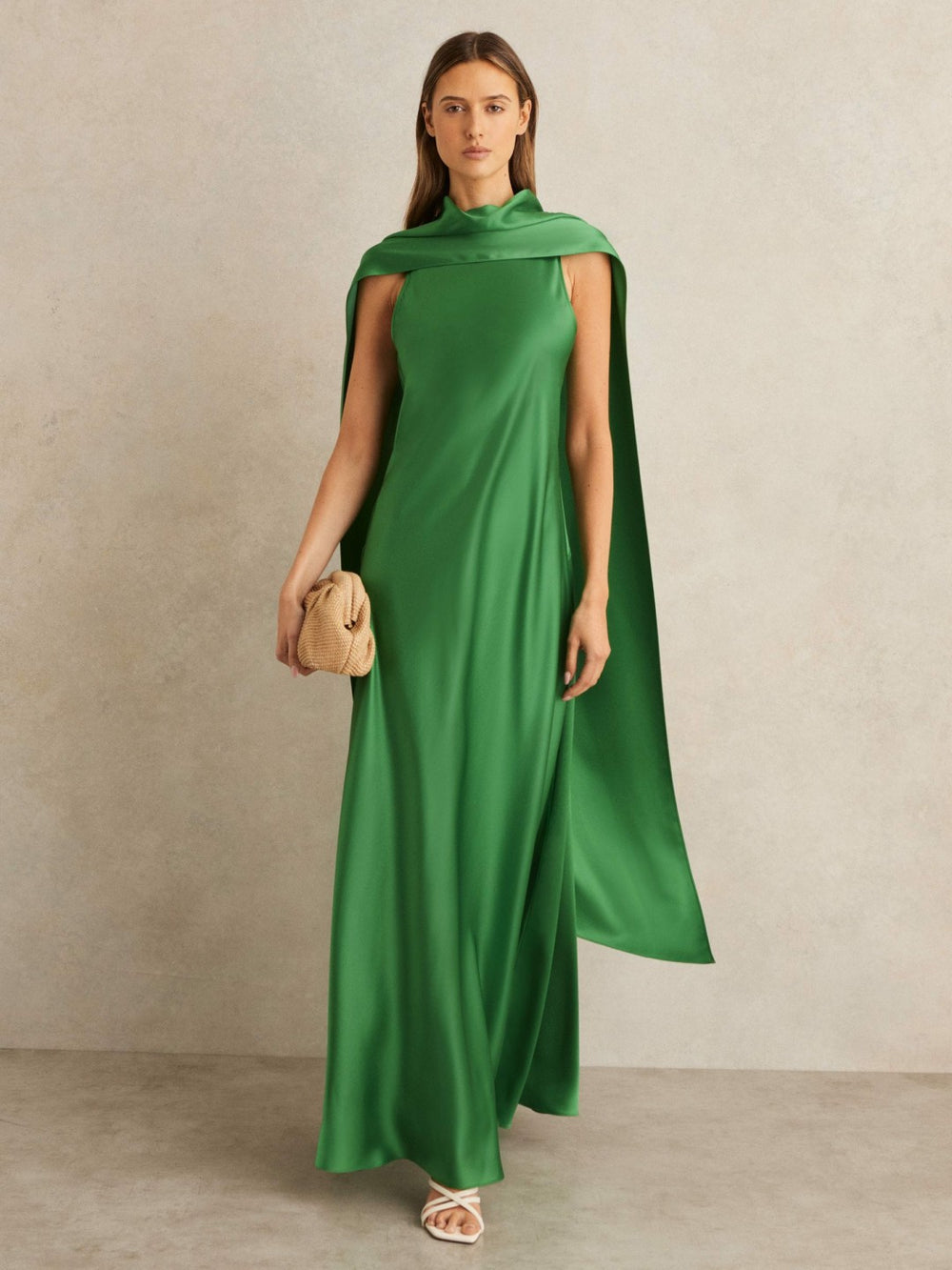 Women Satin Cape Maxi Dress in Green
