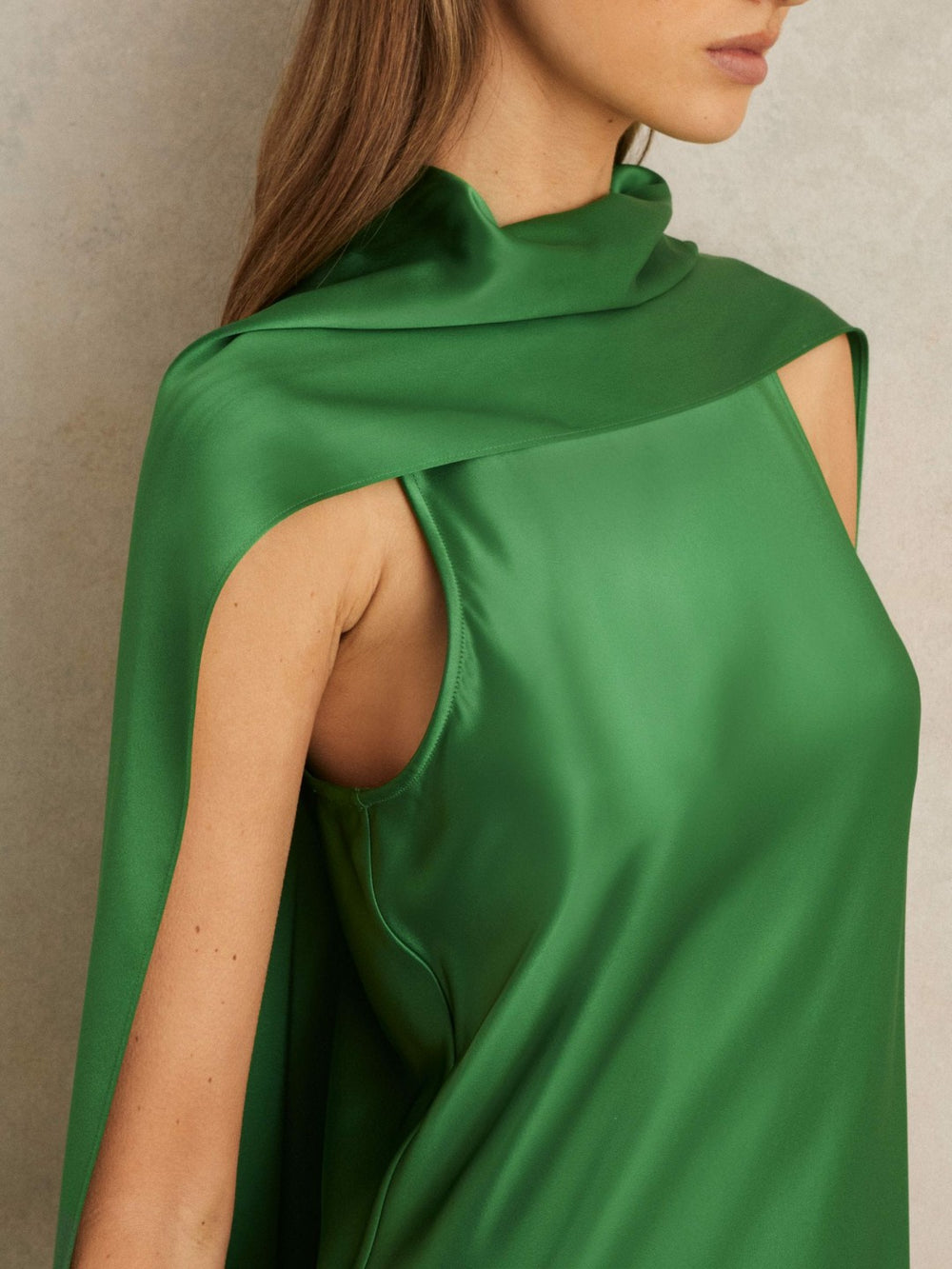 Women Satin Cape Maxi Dress in Green