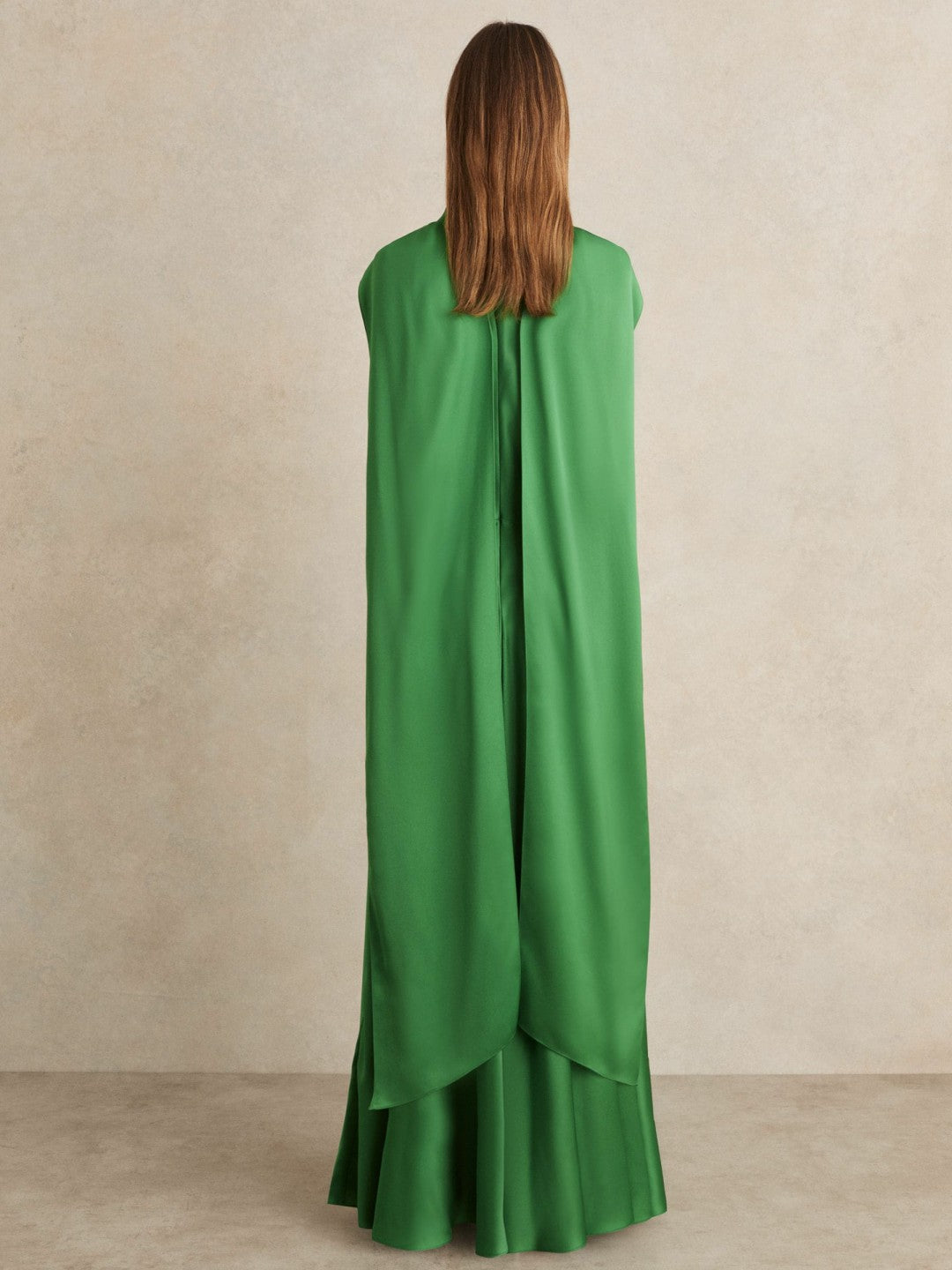 Women Satin Cape Maxi Dress in Green