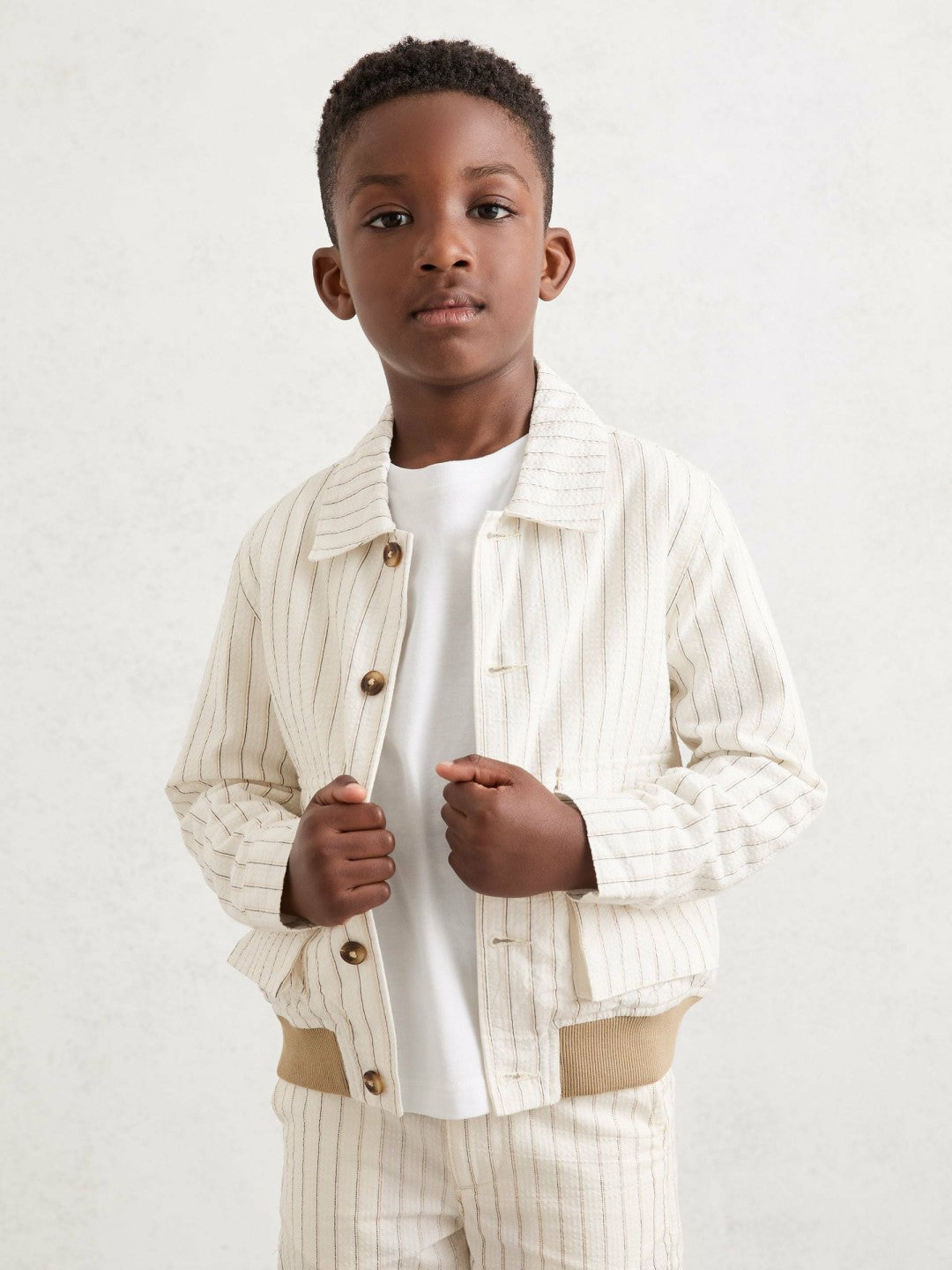 Children & Baby 3-9 yrs Cotton Pinstripe Harrington Jacket in Off White/Taupe Brown