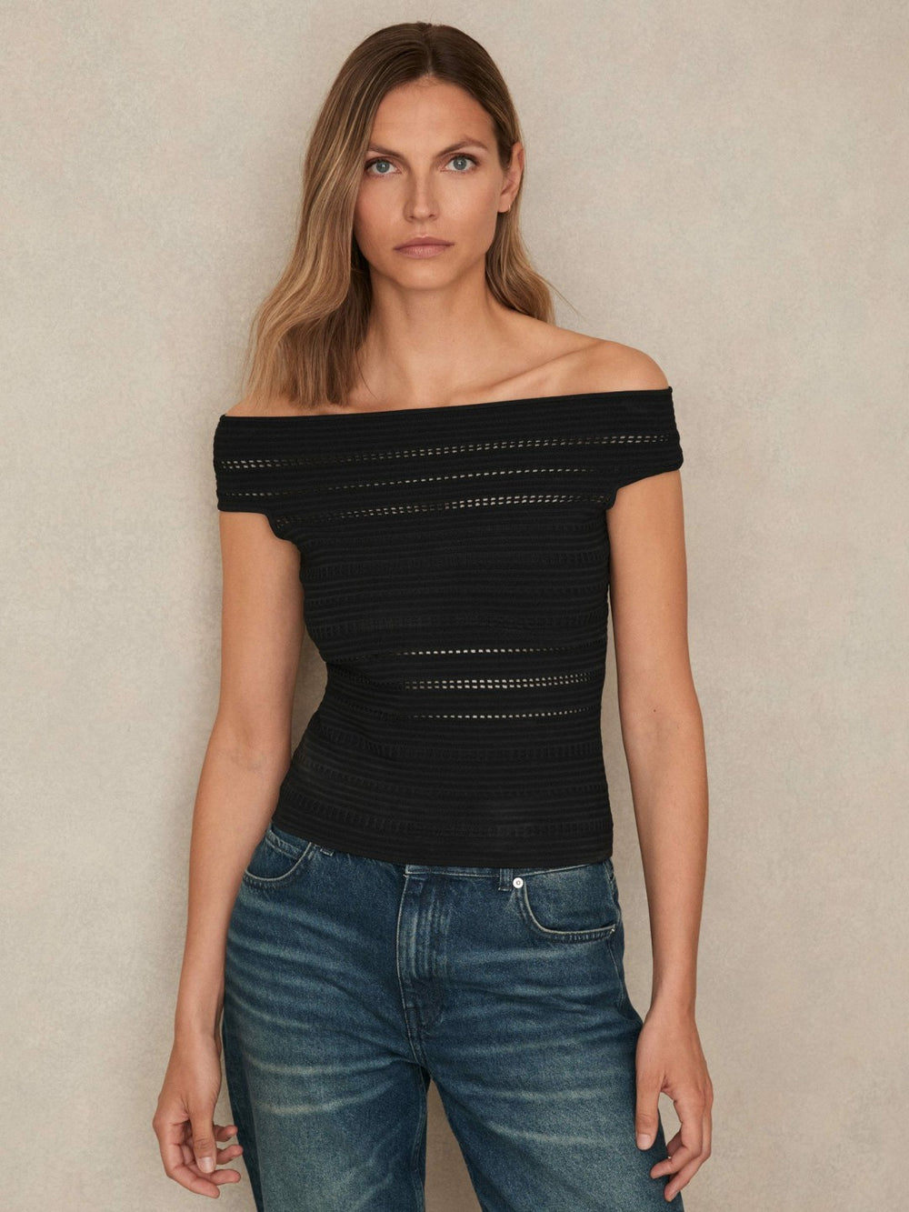 Women Bardot Open Knit Top in Black