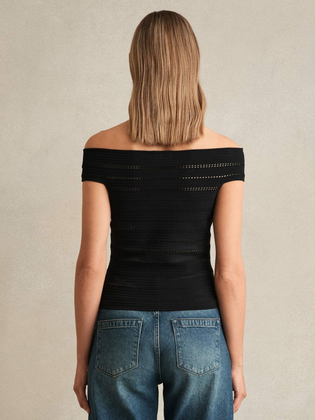 Women Bardot Open Knit Top in Black