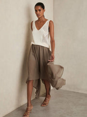 Women Sheer-Overlay High-Low Shorts in Mink Neutral