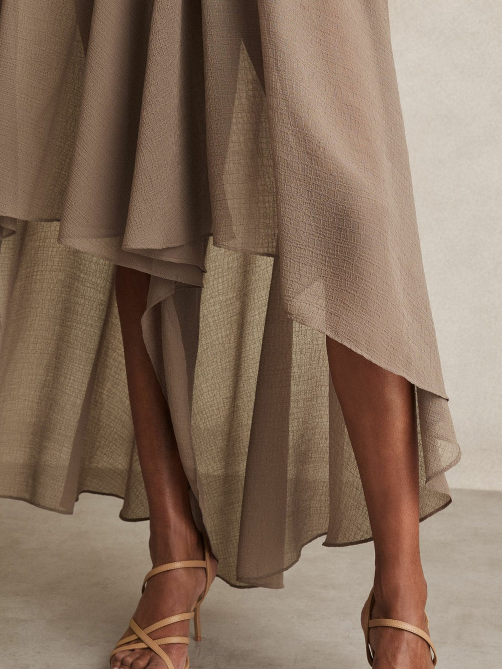 Women Sheer-Overlay High-Low Shorts in Mink Neutral