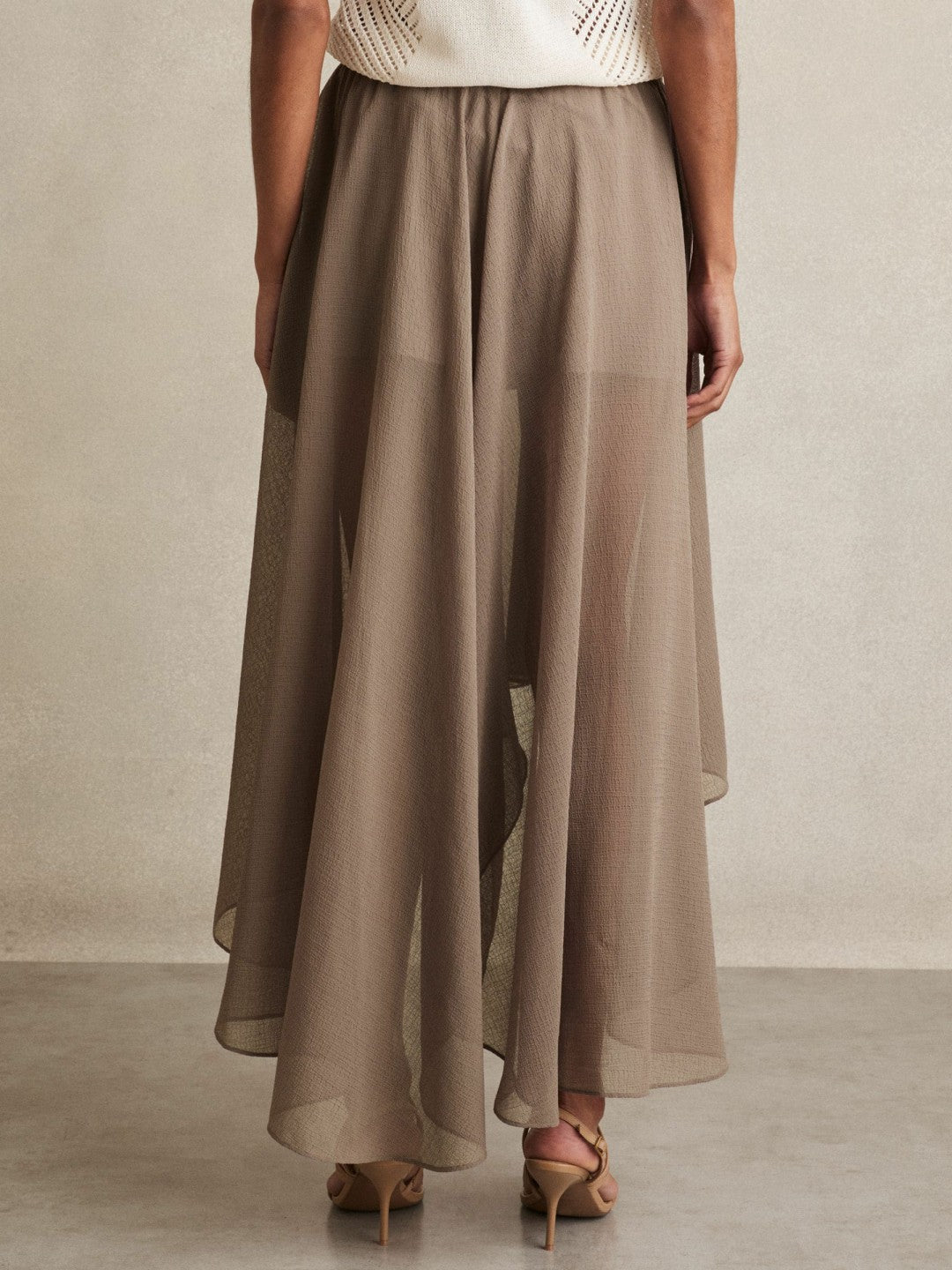Women Sheer-Overlay High-Low Shorts in Mink Neutral