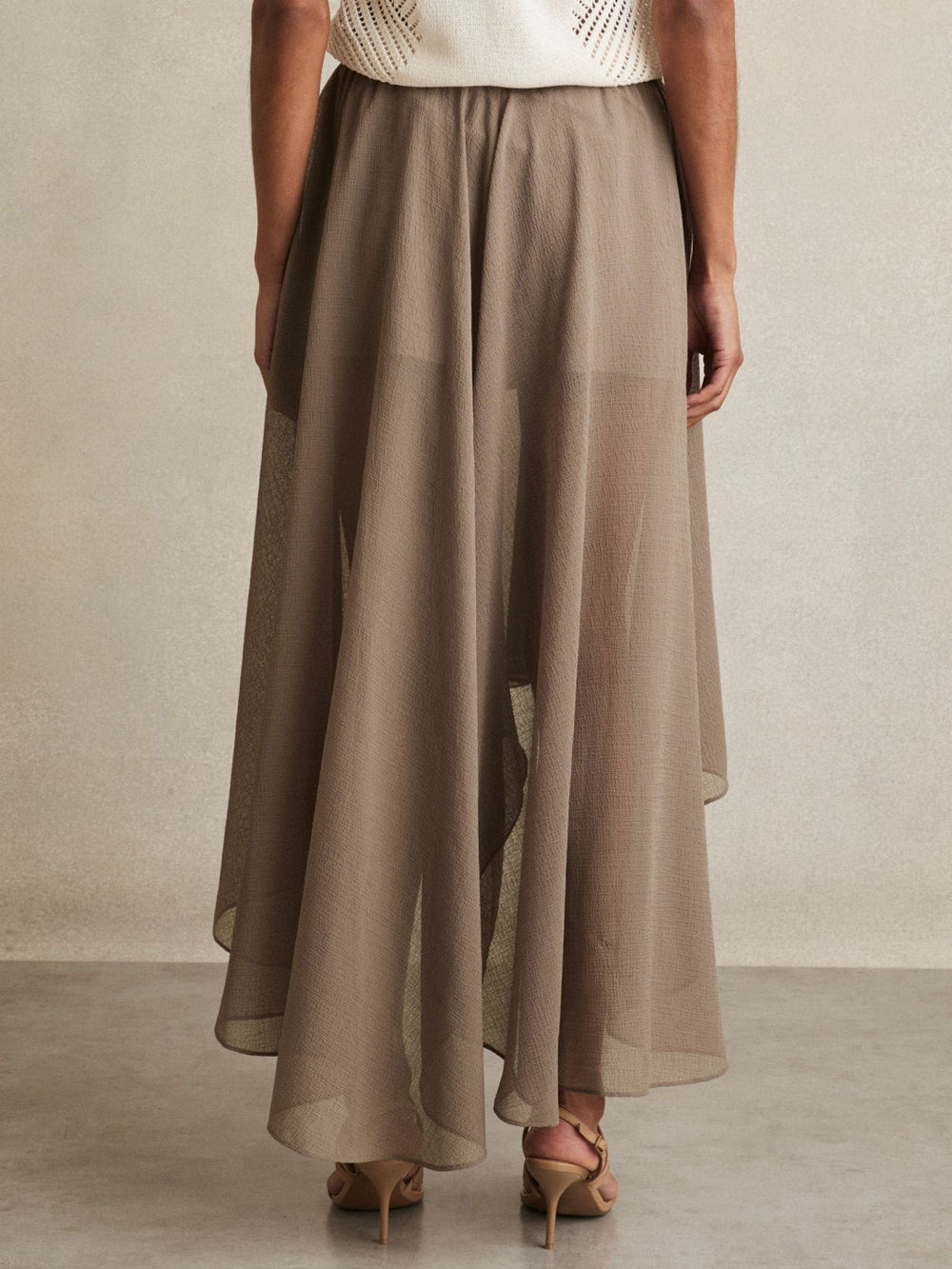 Women Sheer-Overlay High-Low Shorts in Mink Neutral