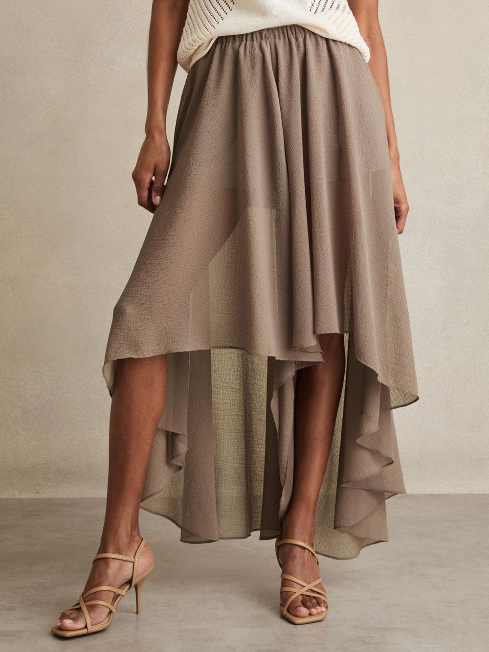 Women Petite Sheer-Overlay High-Low Shorts in Mink Neutral