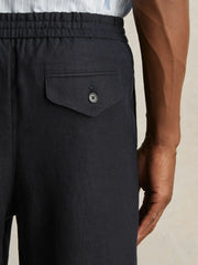 Men Linen Drawstring Relaxed-Fit Trousers in Navy