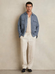 Men Linen Twin-Pocket Overshirt in Airforce Blue
