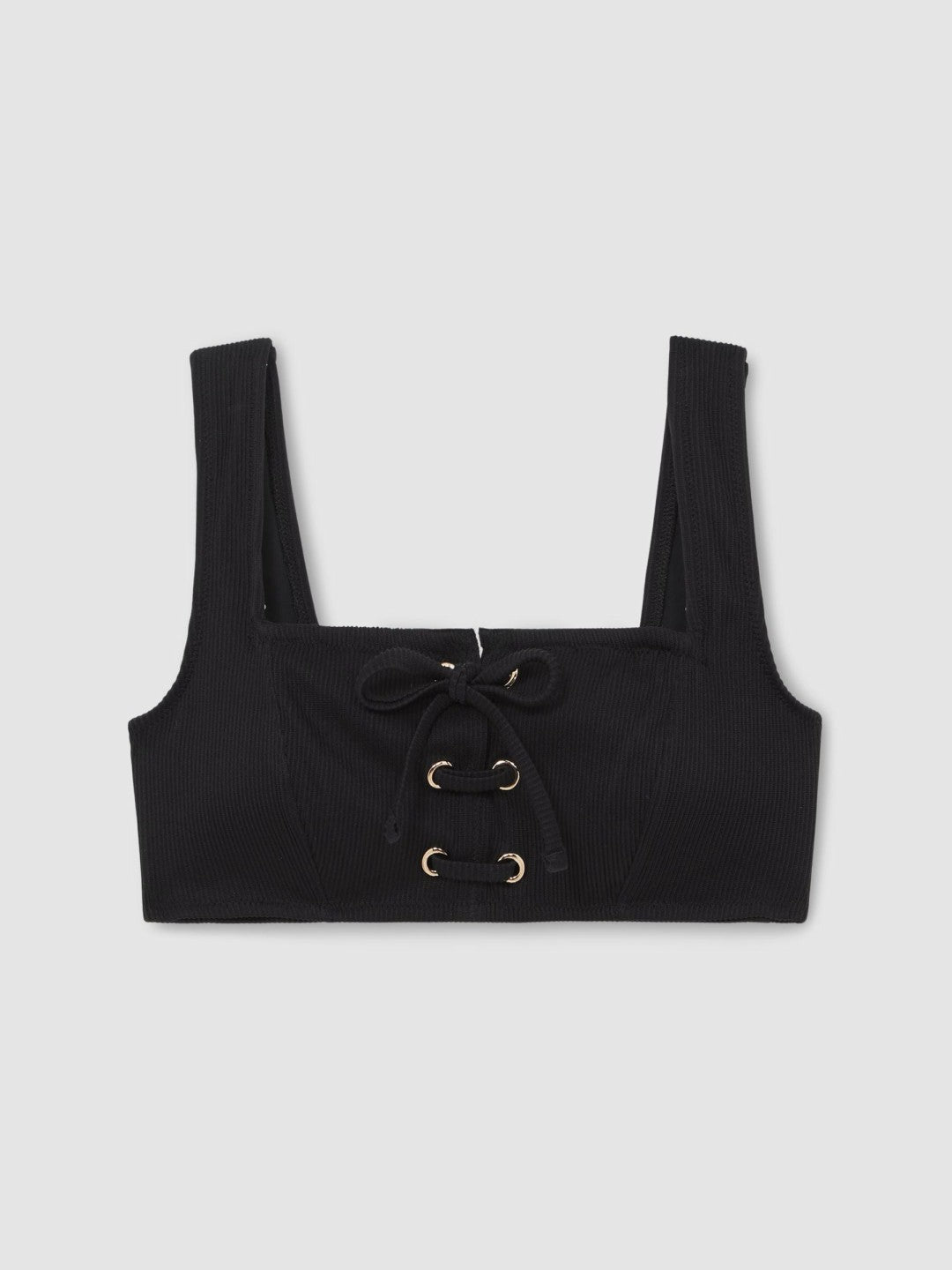 Women Ribbed Lace-Up Bikini Top in Black