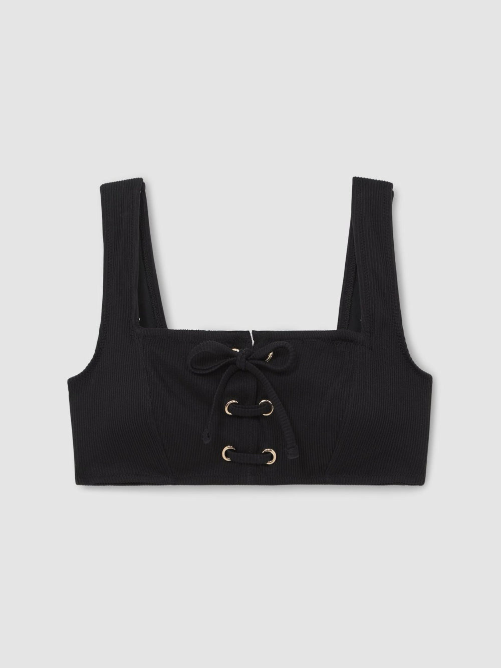 Women Ribbed Lace-Up Bikini Top in Black