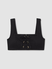 Women Ribbed Lace-Up Bikini Top in Black