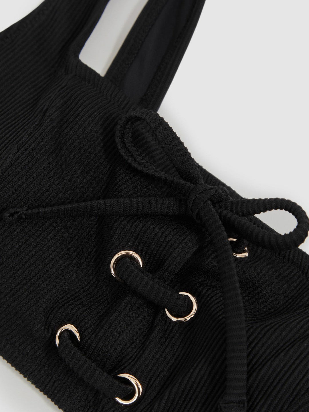 Women Ribbed Lace-Up Bikini Top in Black
