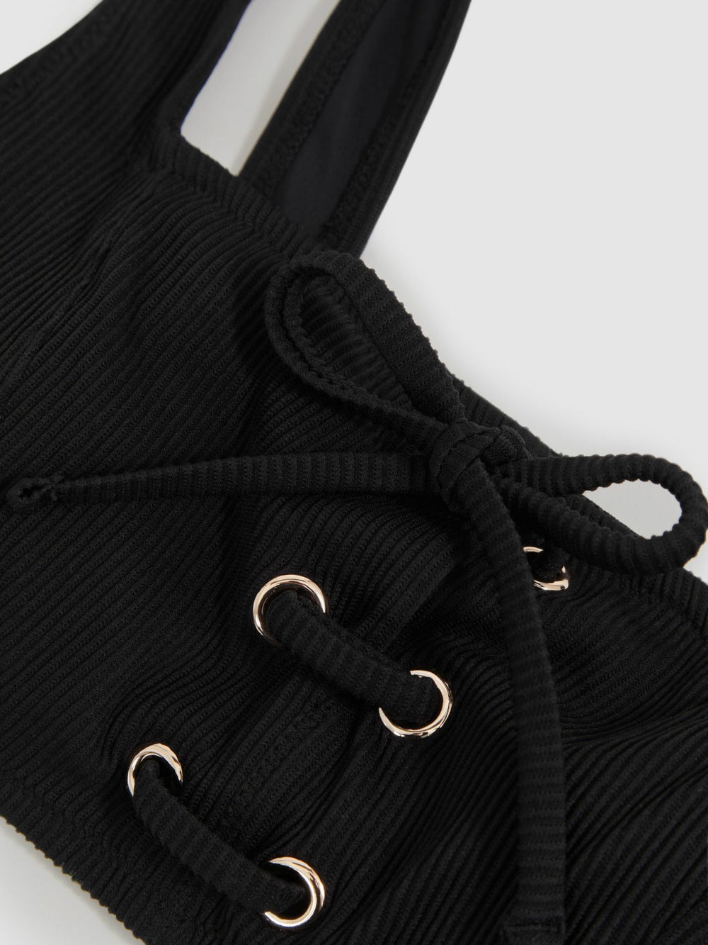 Women Ribbed Lace-Up Bikini Top in Black
