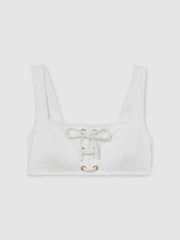 Women Ribbed Lace-Up Bikini Top in White