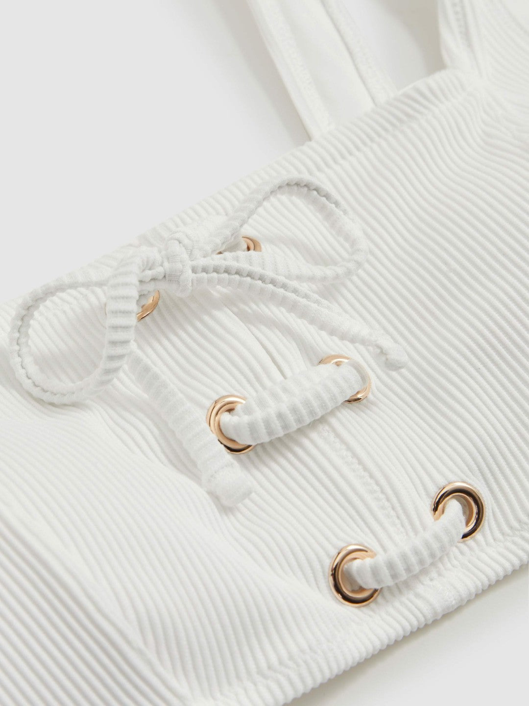 Women Ribbed Lace-Up Bikini Top in White